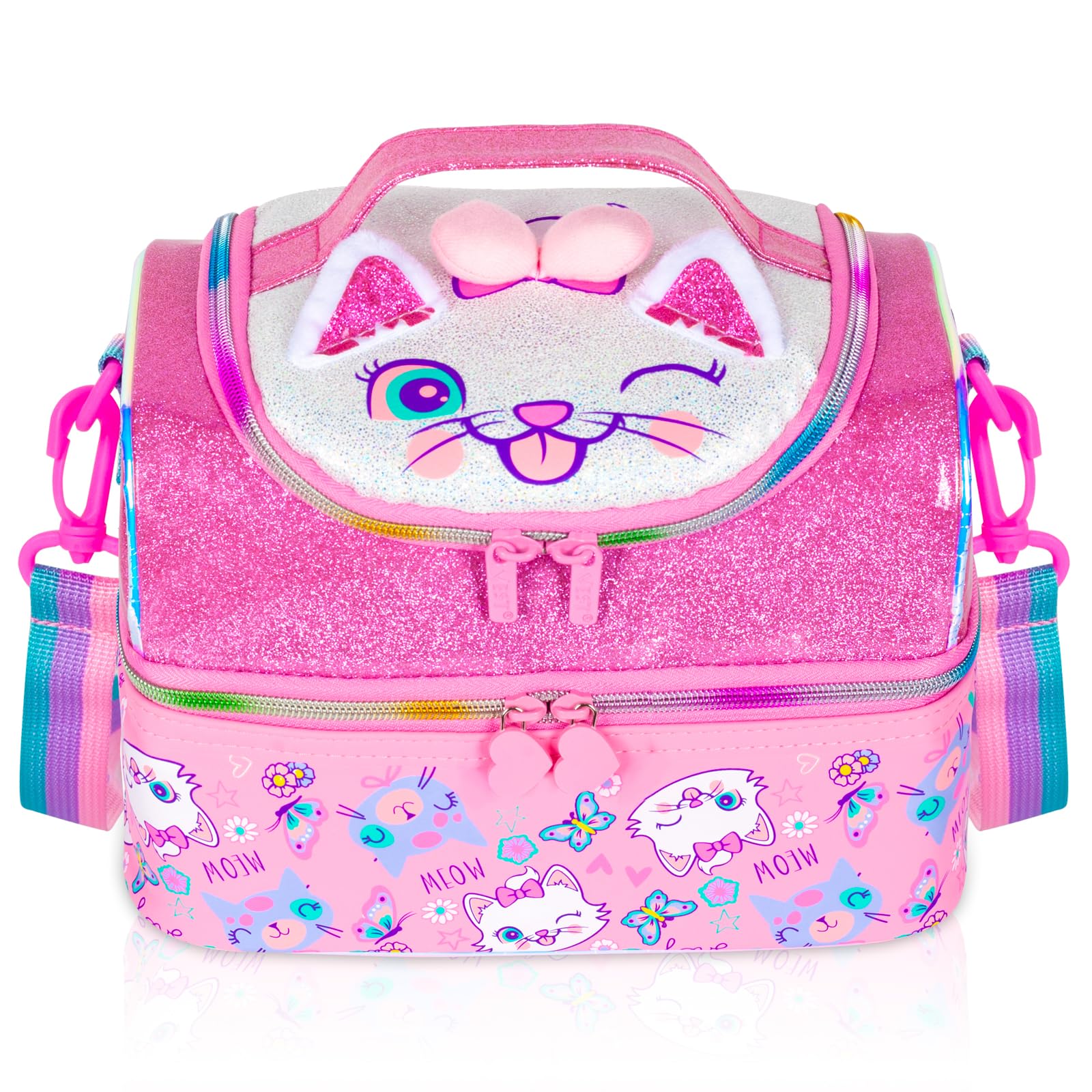 PinkSheep Kids Double Decker Cooler Insulated Lunch Bag Large Tote for Boys, Girls, Men, Women, with Adjustable Strap, Unicorn (Cat)