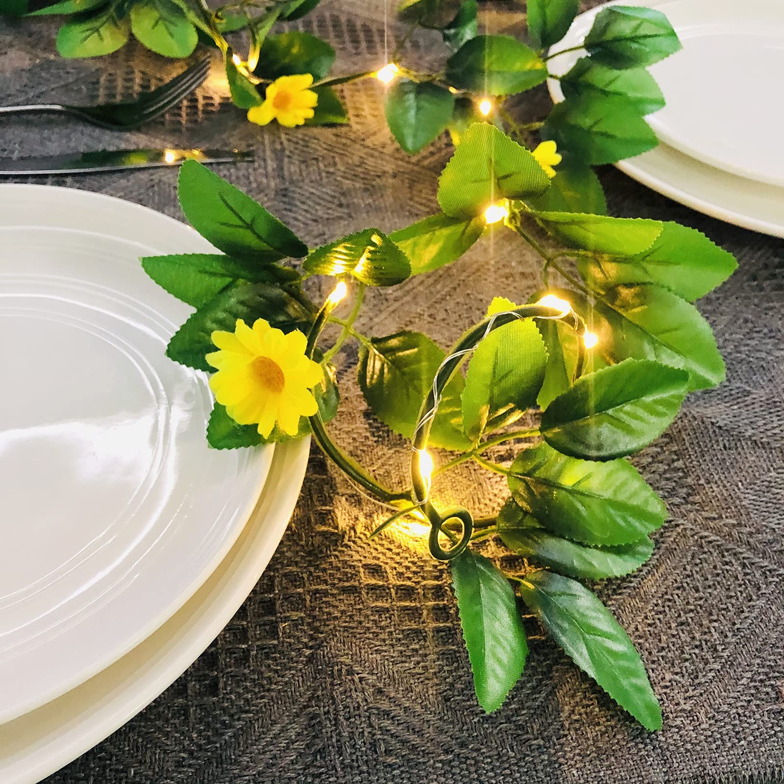 Artificial Silk Chrysanthemum Garland Vine Plant Daisy Flower Green Leaves LED String Light Perfect for Wall Decoration Wedding Bridal (Yellow, 6.56ft/20LED)