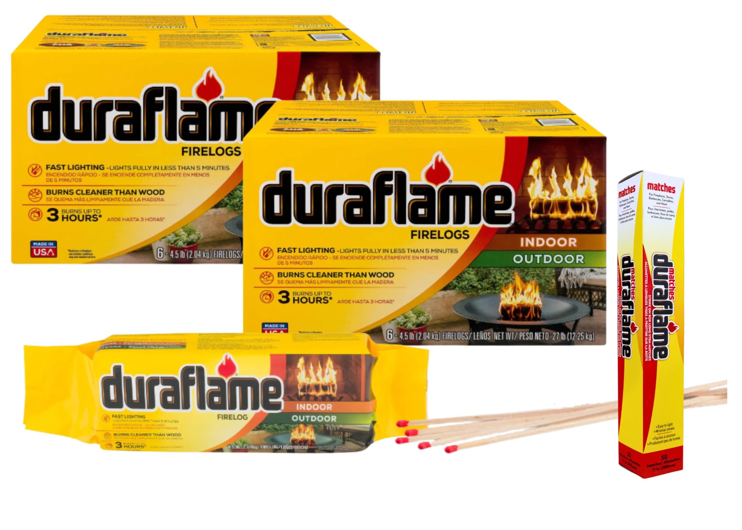 Duraflame 12-Pack Indoor/Outdoor Logs for Fireplace & Fire Pit, 3-Hour Burn, 4.5lb Each (2 Pack + Matches)