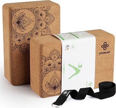 Overmont Cork Yoga Blocks 2 Pack with 8ft Strap Natural 9x6x3''