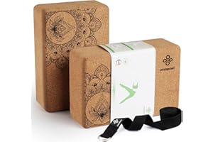 Overmont Cork Yoga Blocks 2 pack with 8ft Strap Natural Cork Bricks- High Density & Eco Friendly Yoga Accessories for Women - Ideal for Yoga Pilates General Fitness and Stretching 9x6x3''