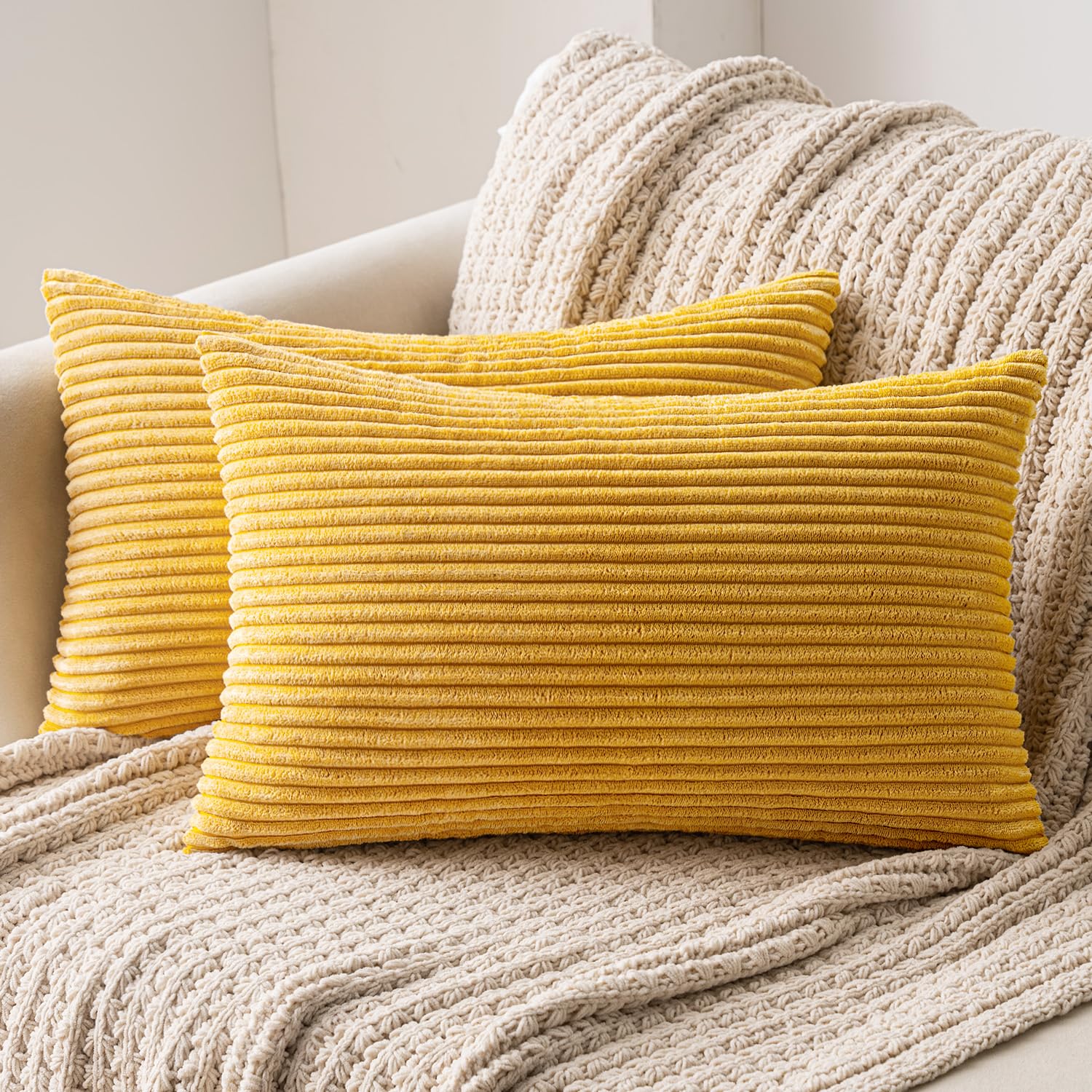 MIULEE Cushion Covers Striped Corduroy Throw Pillow Covers Decorative Pillows Pillowcases Decor for Sofa Couch Living Room 30x50 cm 12x20 Inch Yellow