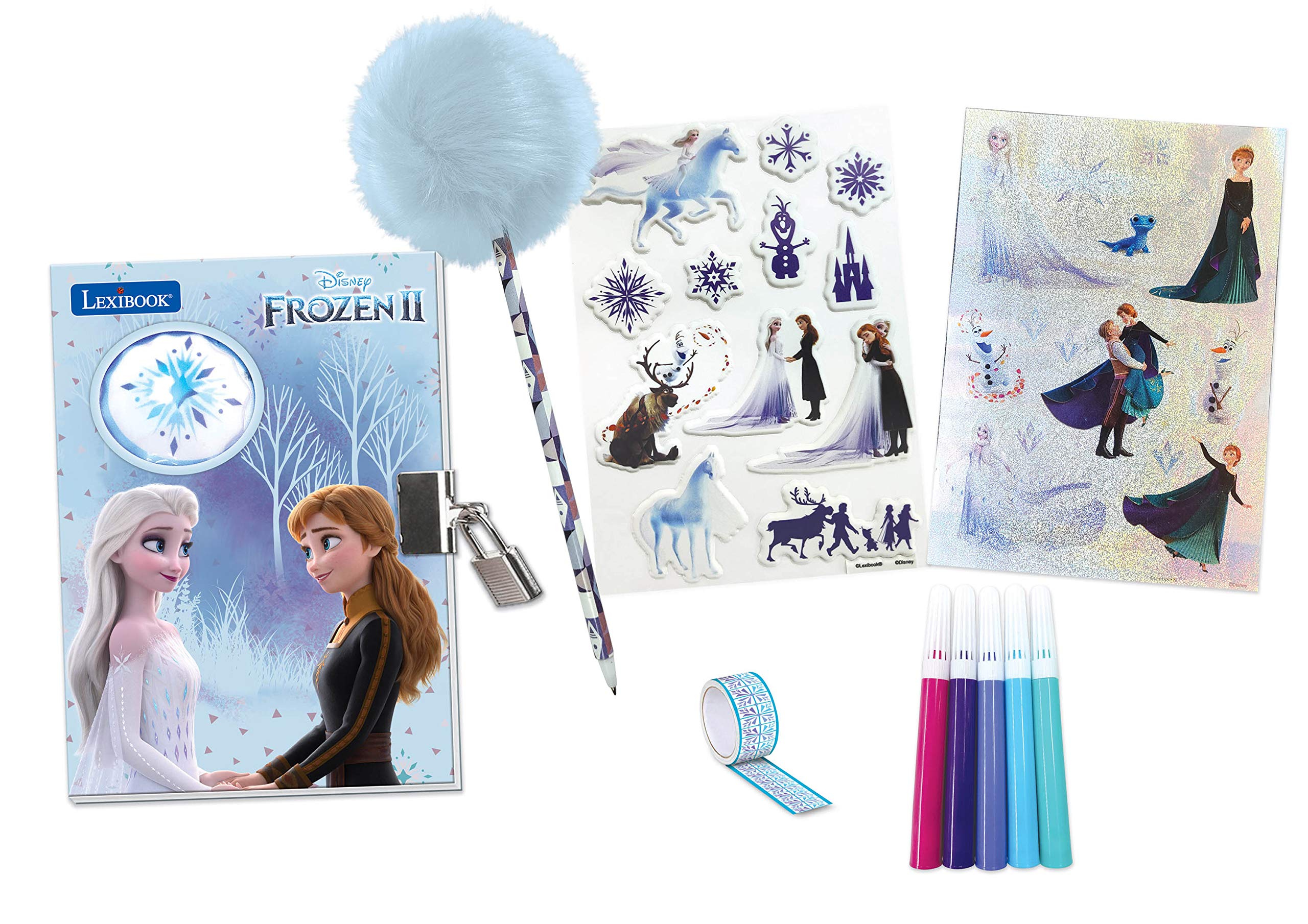 LEXIBOOK, Frozen, Electronic Secret Diary with Light Effects Key and Padlock Sticker Sheets, Pompom Pen, Blue/Purple, SD30FZ