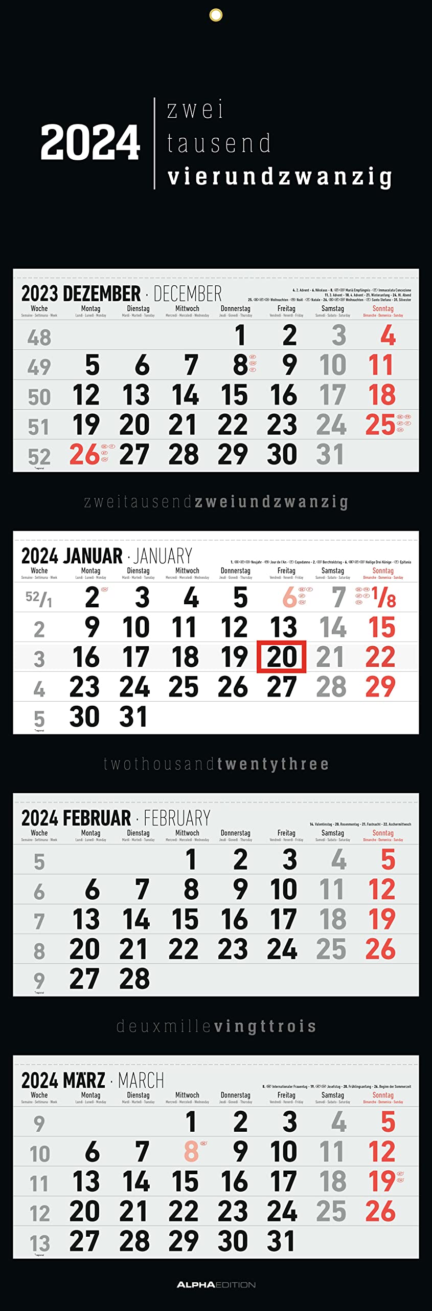 4-Month Calendar Black 2024 - Office Calendar 33 x 20 cm (Closed), 33 x 100 (Open) - Foldable - with Date Slider - Alpha Edition