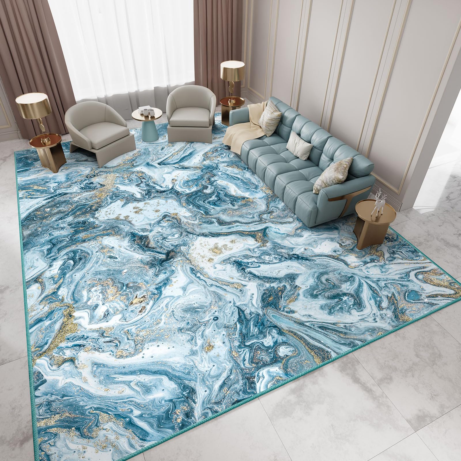 Photo 1 of GEMBED Washable Area Rug 4x6 - Artistic Style Modern Rug for Living Room Bedroom Dining Room, Soft Low Pile Machine Washable Carpet, Non Slip Non Shedding Area Rug - Blue/Gold, 4'x6'