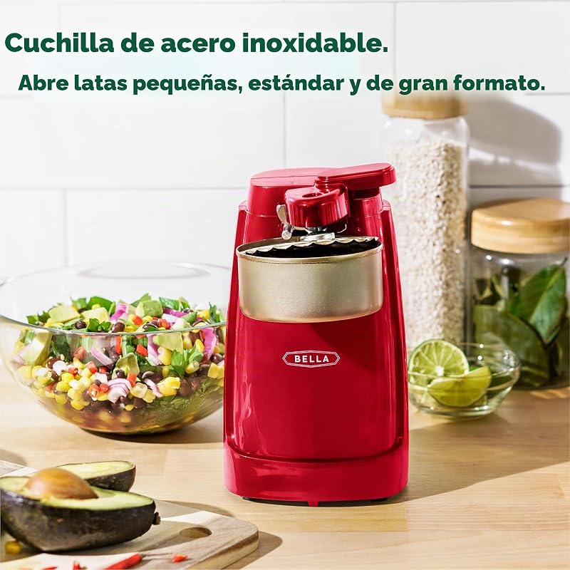 Abrelatas Eléctrico y Afilador de Cuchillos, Abridor de Tarros y Botellas Multifuncional con Palanca de Corte Extraíble y Almacenamiento de Cables, Hoja de Acero Inoxidable, Rojo