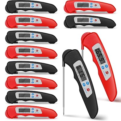 Xuhal 12 Pcs Digital Meat Thermometer with Probe Waterproof Instant Read Foldable Food Thermometer with Magnet for Kitchen Grilling Cooking Turkey Baking BBQ(Black, Red)