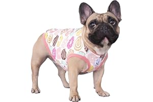 iChoue 100% Breathable Cotton French Bulldog Halloween Cartoon T Shirts Cute Clothes for Medium Dogs Vest Tank Tops Frenchie Pug Small Puppy English Boston Terrier Donuts - Large