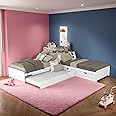 SOFTSEA L-Shaped Corner Bed with Trundle and Drawers, 3 Beds in One, Wood Beds with Nightstand for 2 Kids