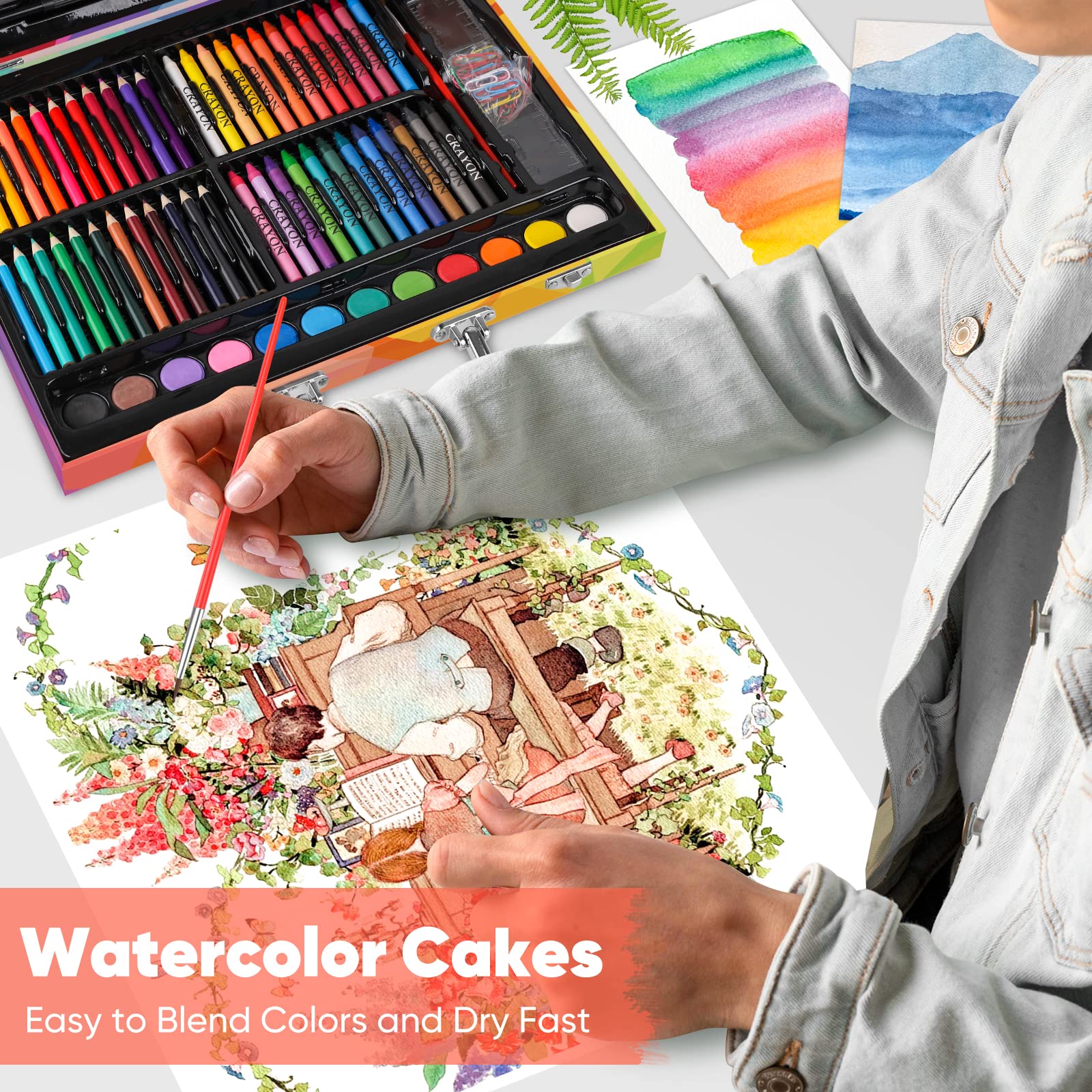 Soucolor Arts and Crafts Supplies, 183-Pack Drawing Painting Set for Kids Girls Boys Teens, Coloring Art Kit Gift Case: Crayons, Oil Pastels, Watercolors Cake, Colored Pencils Markers, Sketch Paper