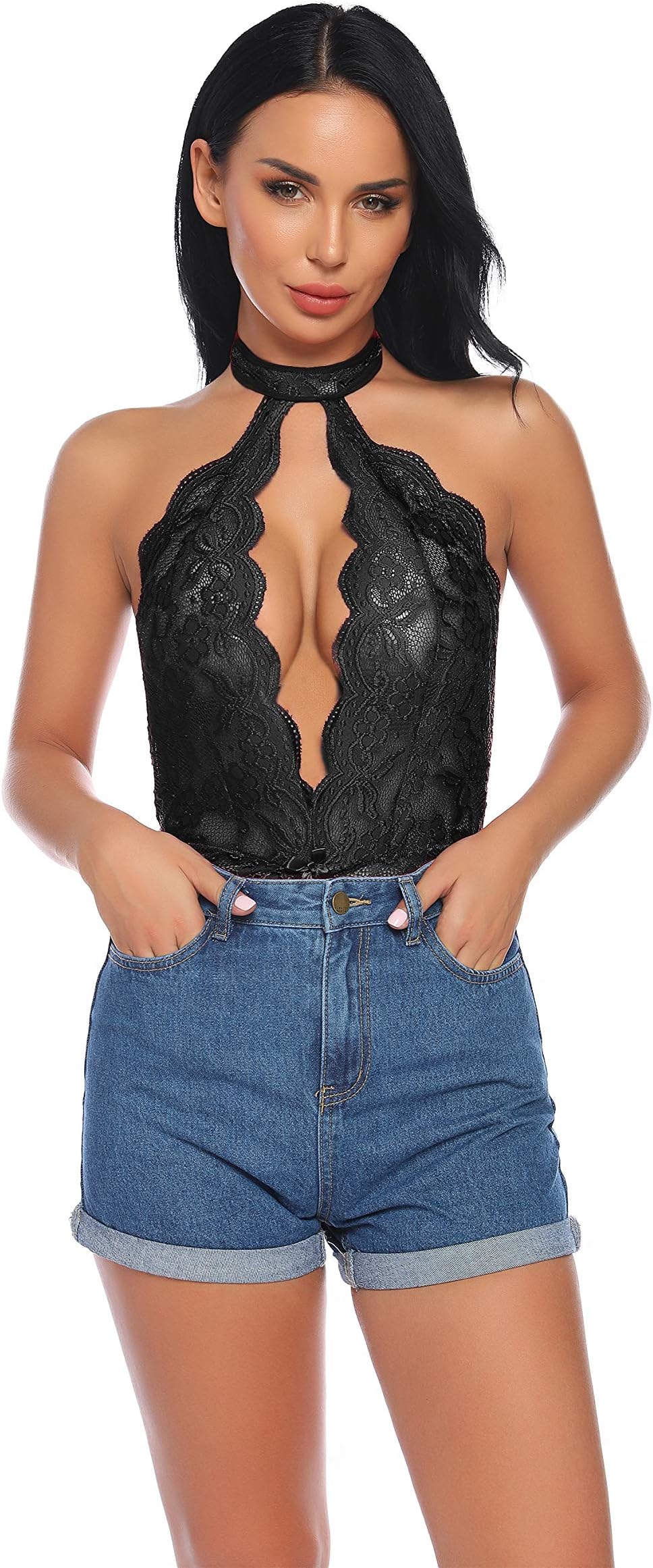 Genhoo Women Lingerie One Piece Halter Teddy Bodysuit Lace Baby Doll