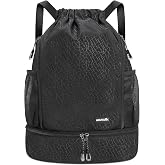 HOLYLUCK Drawstring Backpack Gym Bag with Shoe Compartment for Soccer,Basketball, String Swim Beach Bag for Men Women, Black