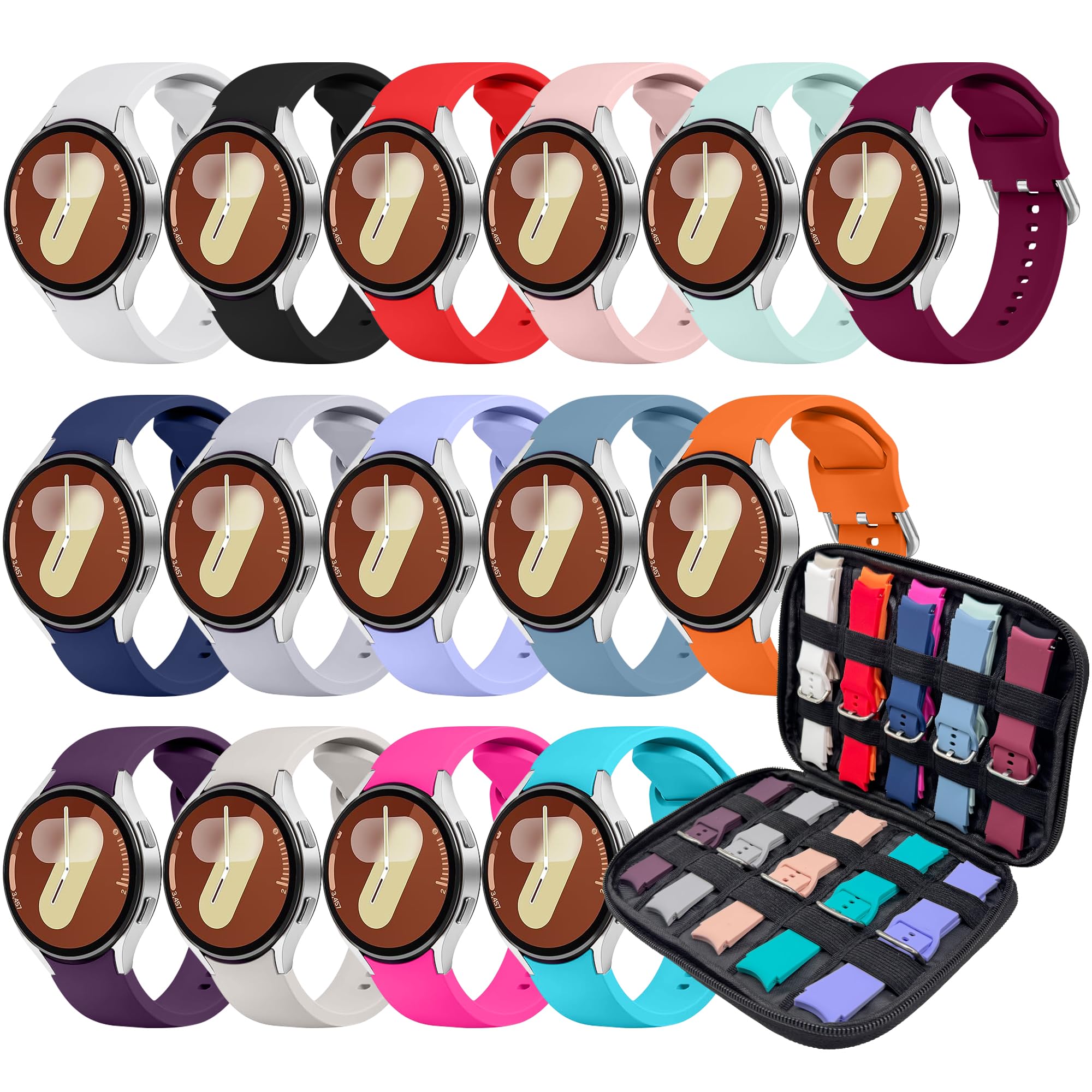 QUANFUN 15 Pack Sport Bands Compatible with Samsung Galaxy Watch 7 FE 6 5 4 40mm 44mm Galaxy Watch 5 Pro 45mm 6 4 Classic 43mm 47mm 46mm 42mm, Silicone Watch Bands&Storage Organizer for Women Men