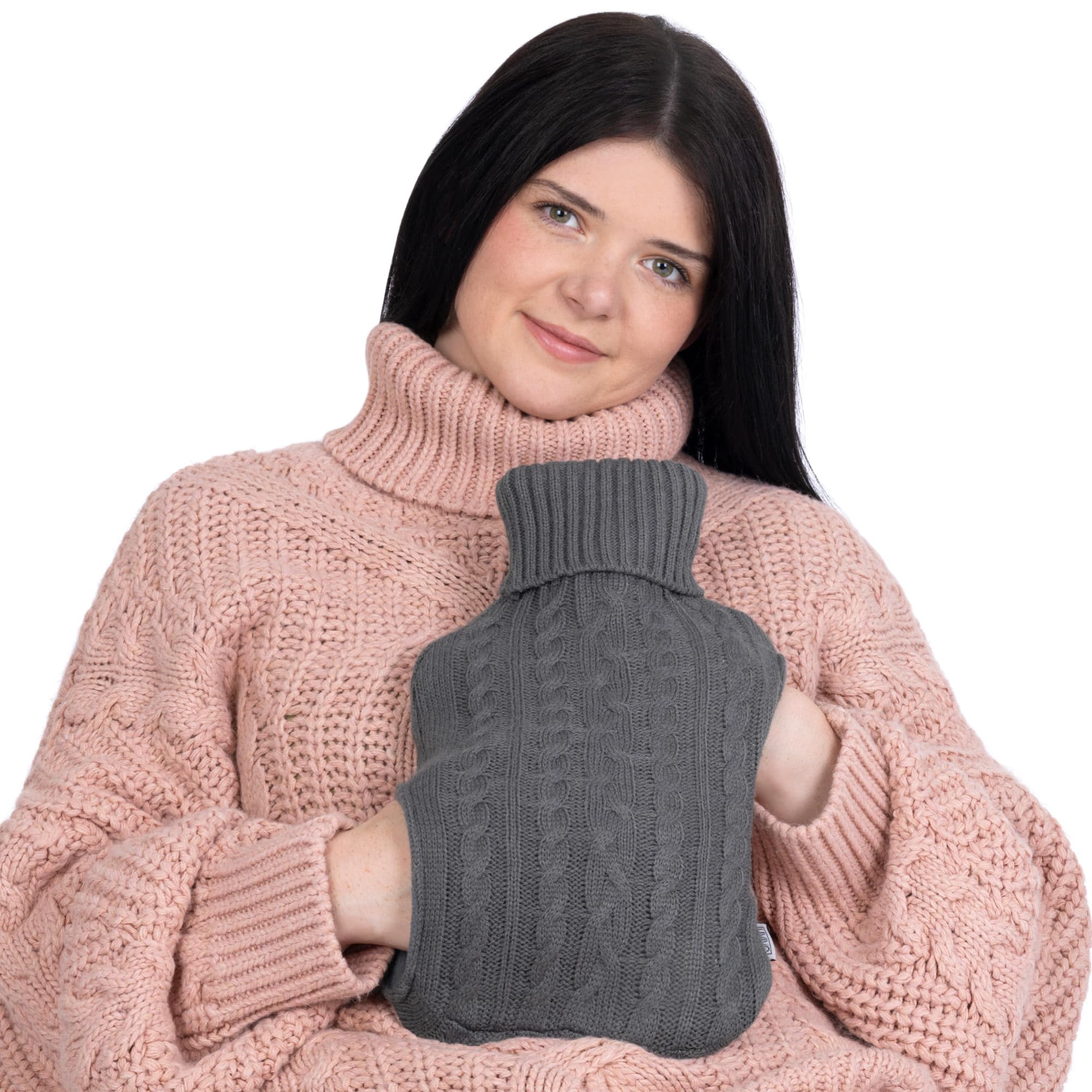 LIVIVO 2L Hot Water Bottle with Knit Cover & Hand Pockets – Large Thermoplastic Hot Water Bag for Warmth, Pain Relief & Cosy Comfort – Machine Washable Sleeve – Grey