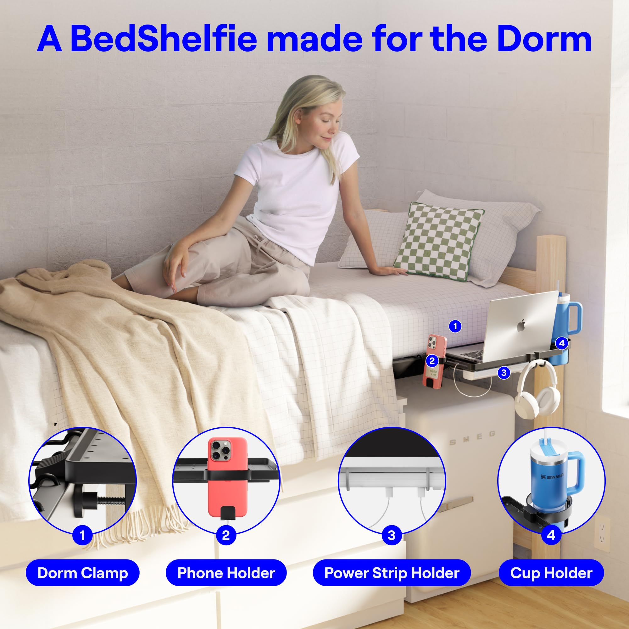 BedShelfie Bedside Shelf for Dorm Room Bunk Bed & Top Bunk, College Dorm Room Essentials, Bedside Caddy, Clip on Floating Tray, Bed Side Table Storage, Loft Nightstand Decor - Dorm Essential, Black
