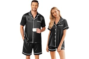 Ekouaer Couple Matching Pajamas Sets Silk Short Sleeve Button Down Sleepwear Satin Pjs Shorts Set Soft Lounge Set S-XXL