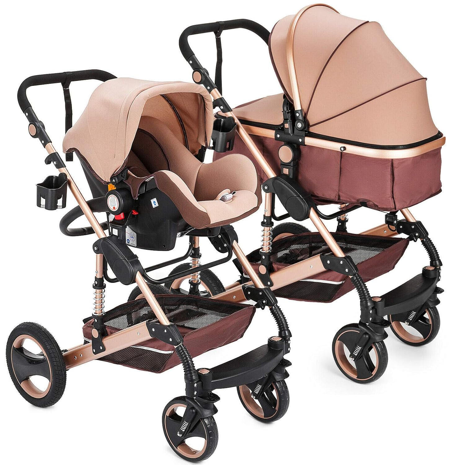 Kinderwagen „Florida“, 3 in 1 Kombikinderwagen Megaset 8 teilig inkl. Babyschale, Babywanne, Sportwagen und Zubehör, zertifiziert nach der Sicherheitsnorm EN1888, Beige