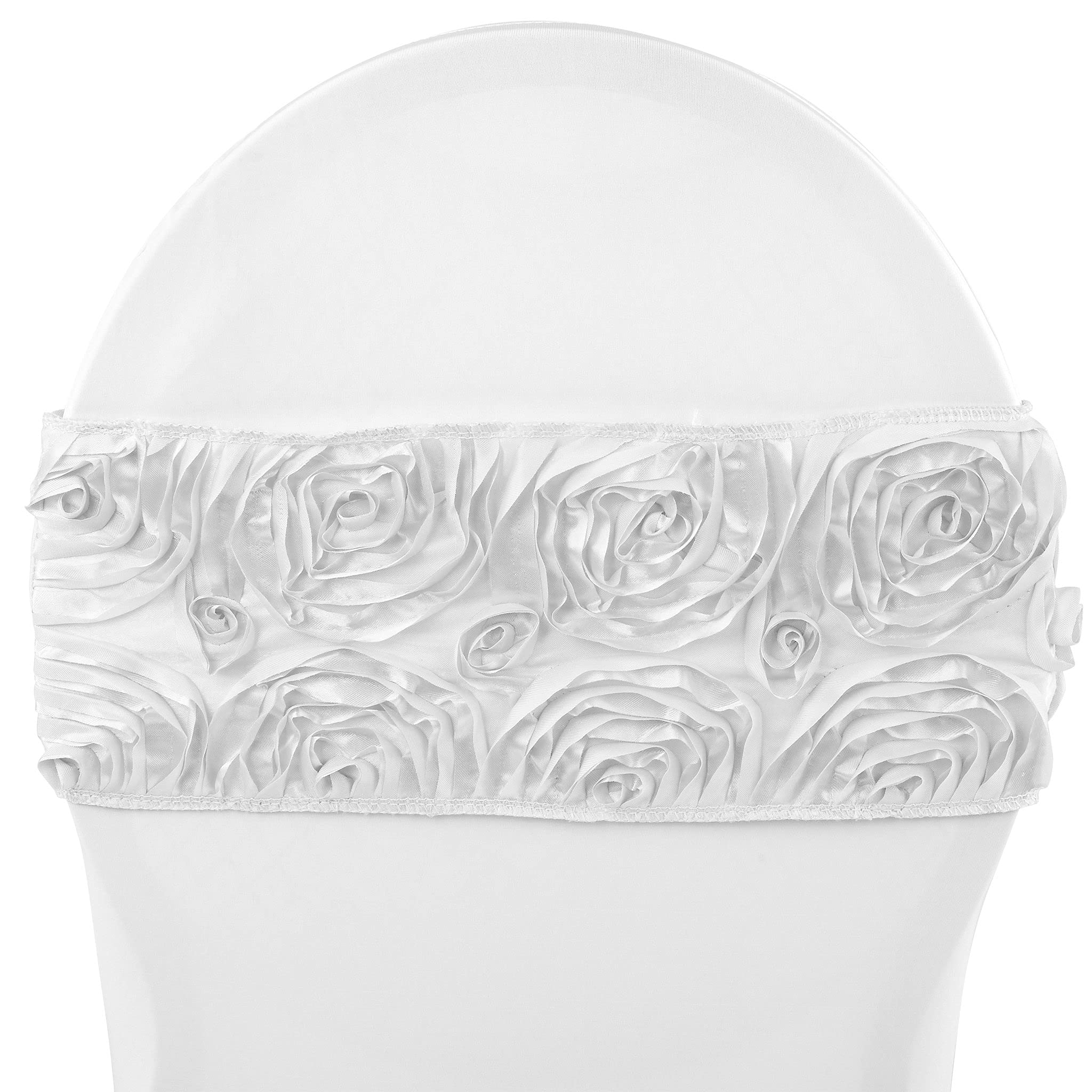 Photo 1 of White Rosette Spandex Chair Sash/Tie Band - 6" x 13" (1 Pc) | Elegant Stretchable Decorative Accessory for Events & Celebrations