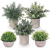 Fake Plants,5 Pack Small Fake Plants Mini Potted Artificial Eucalyptus Greenery Plastic Green Grass Plants for Indoor Outdoor,Mini Faux Plant for Shelve Desk Table Farmhouse Bathroom Shelf Decor