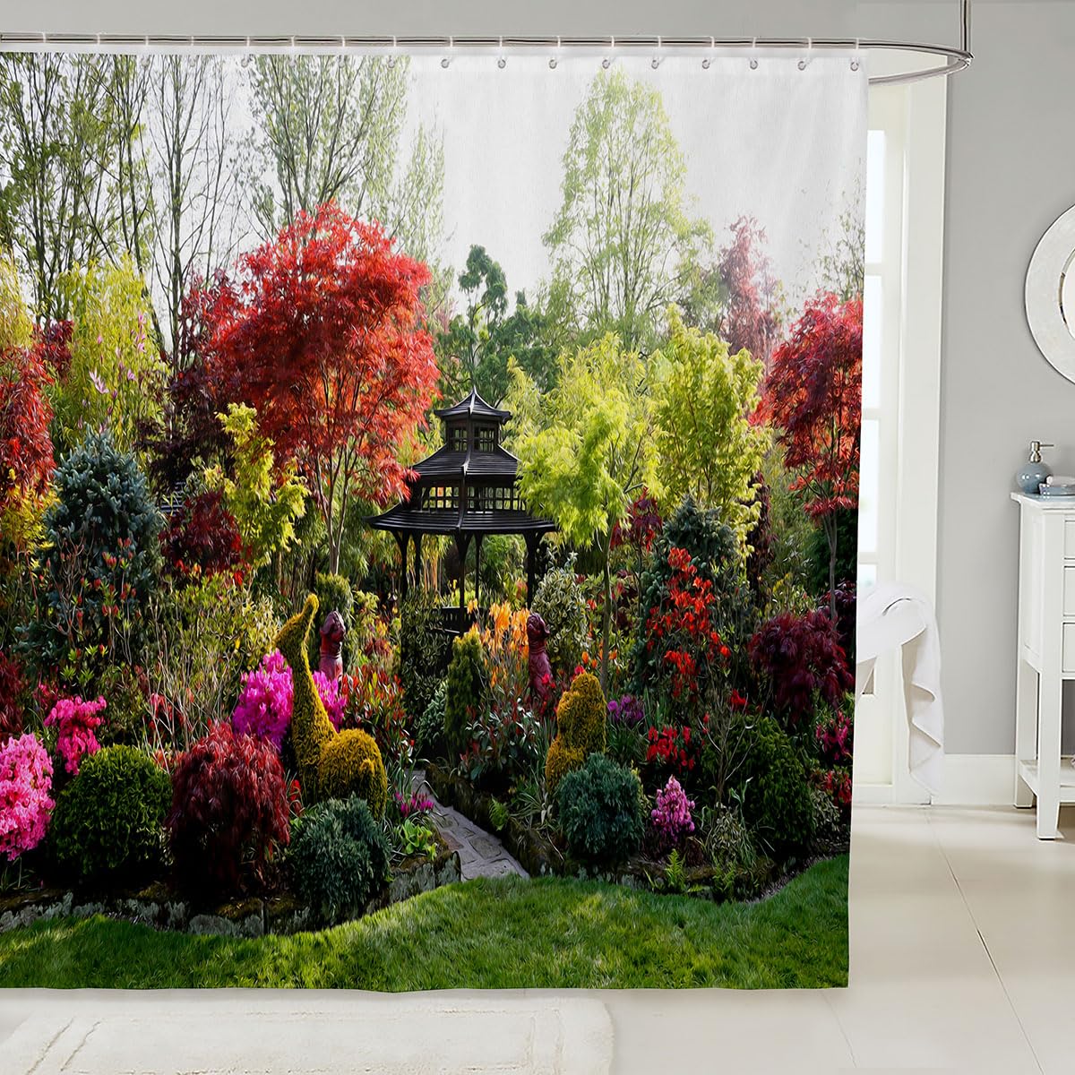 Loussiesd Natural Shower Curtain 180x180cm 3D Garden View Flowers Trees Waterproof Shower Curtain Outdoor Nature Scenery Waterproof Cloth Fabric Bathroom Decor Set with Hooks