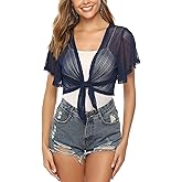 iClosam Women Tie Front Chiffon Shrug Short Sleeve Cropped Sheer Bolero Shrug Cardigan