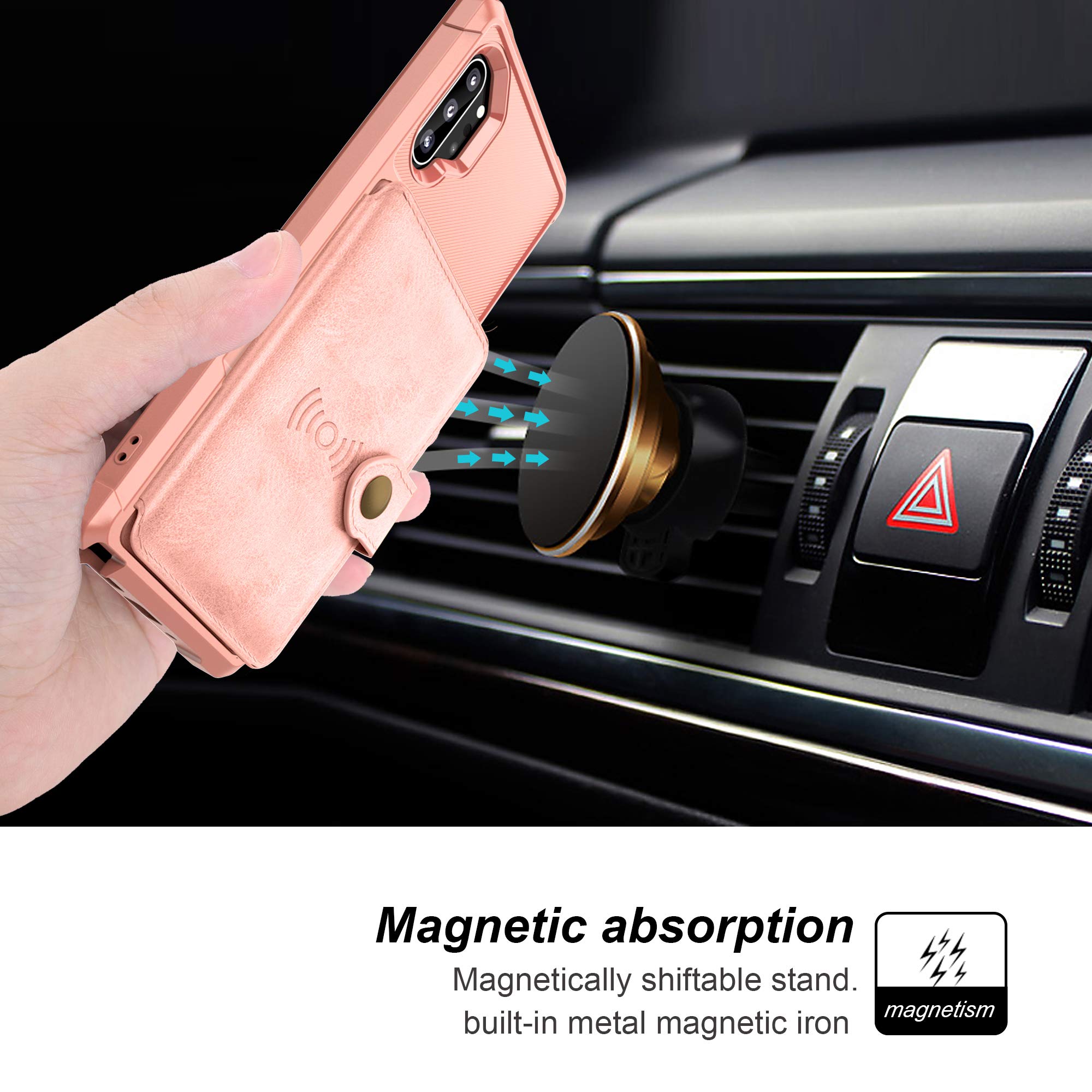 Galaxy Note 10 Plus Wallet Case, Sumsung Note 10+ Flip Leather Kickstand Fit Magnetic Wireless Car Charger Mount Slim Durable Shockproof Protective Card Slots Holder Case Cover (Pink)