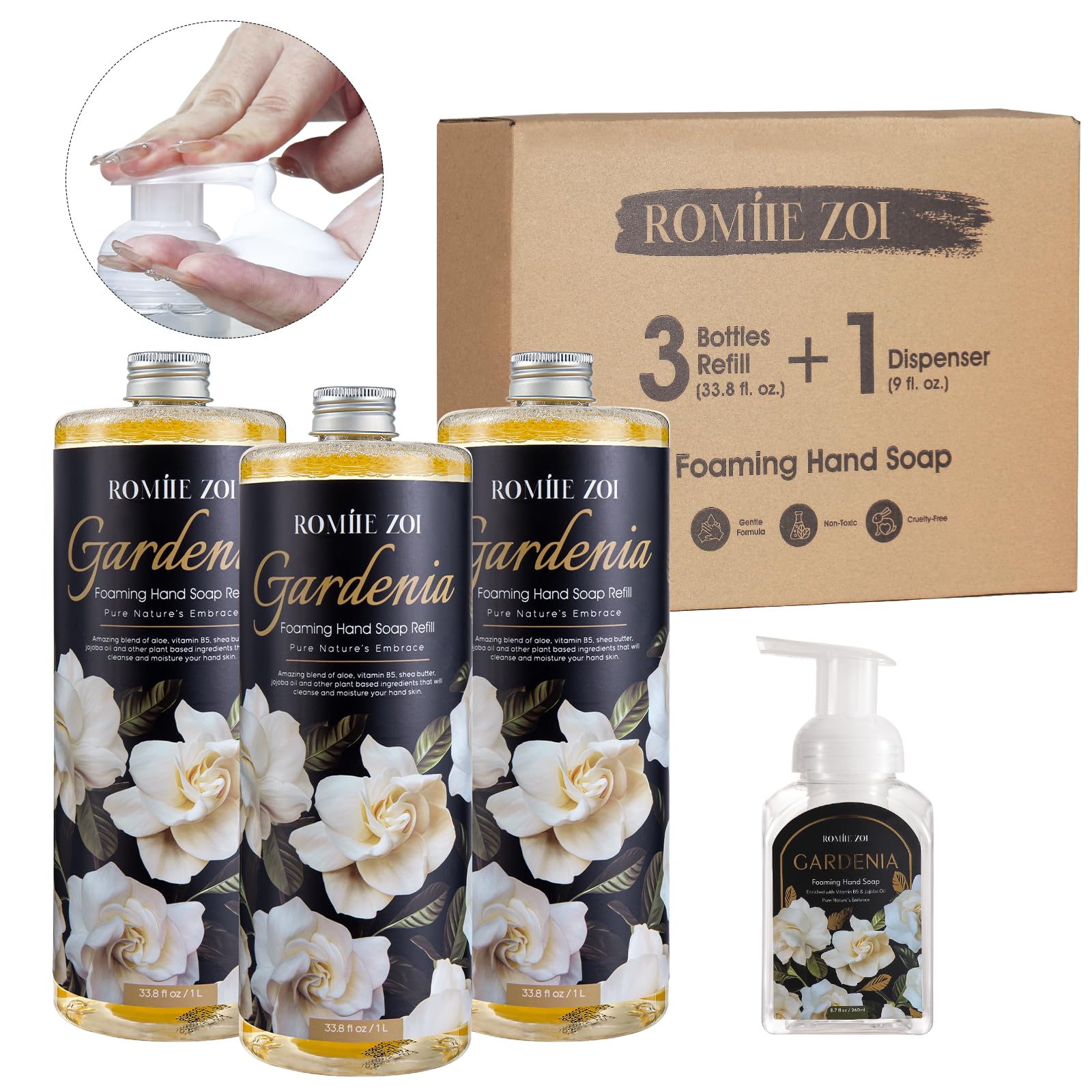 Photo 1 of ROMIIE ZOI Hand Soap Refills Foaming, Gardenia Scent Natural Plant Moisturizing Foam Soap Refills with Dispenser 1 L/ 33.8 FL OZ(Pack of 3)