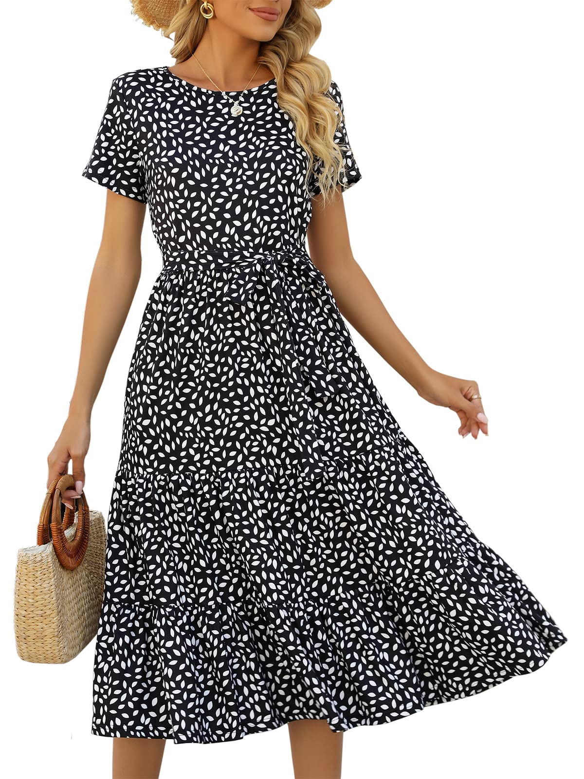 Photo 1 of (SMALL) (USED/FAIR) Lyrur Womens Summer Dress Short Sleeve Crewneck Belted Tiered Babydoll Casual Floral Sundress with Pockets(S,9191-Blk Floral)