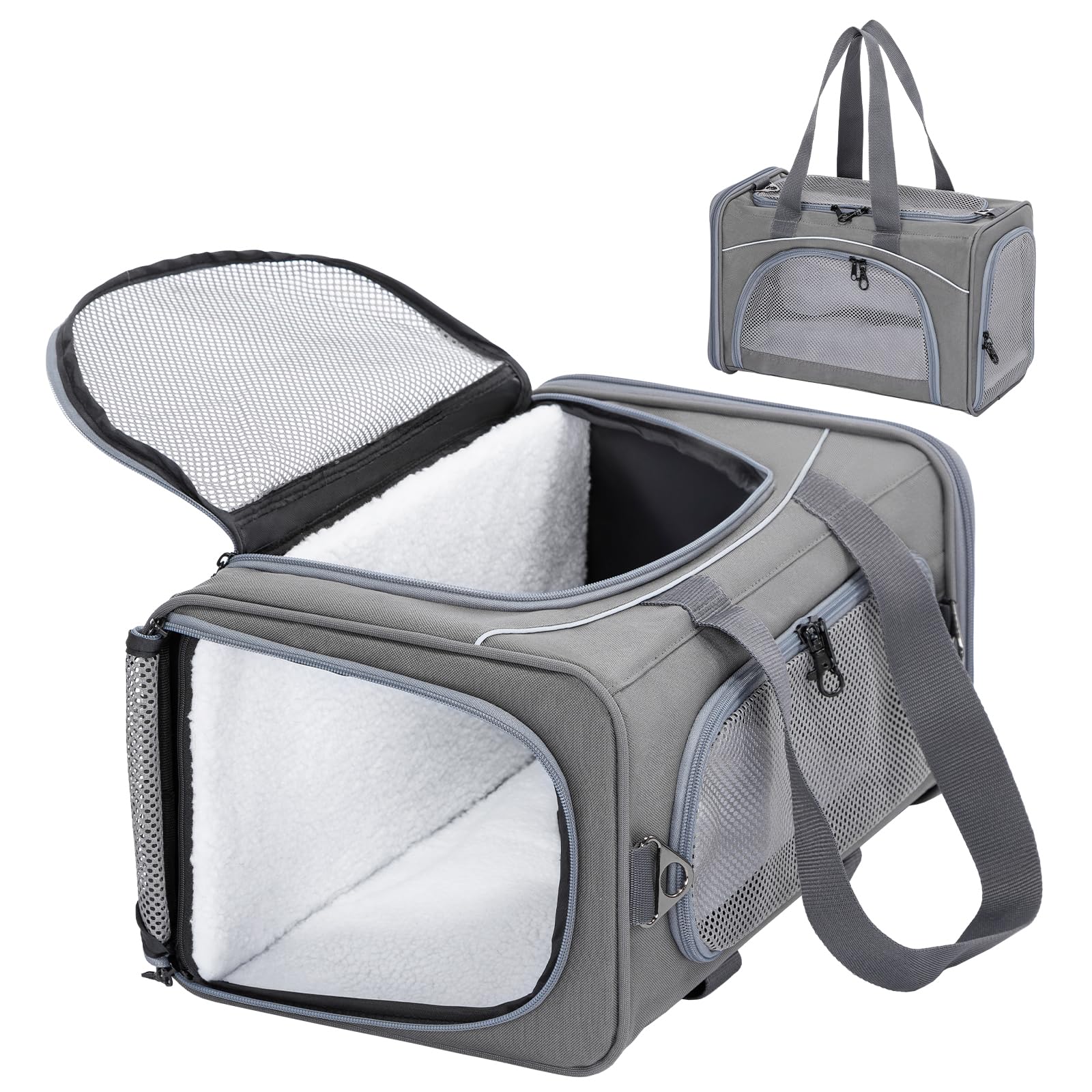 Petsfit Cat Carrier，Airline Approved Carrier,Small Dogs &Kitten Pet Carriers Two-Way Placement on Airplane, Collapsible Soft Sided Cat Travel Carrier-Grey