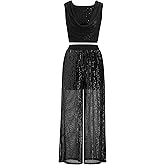 Lyrical Dance Dress Women Cowl Neck Shiny Sequins Crop Top Long Sheer Built-in Short Pant Contemporary Dance Outfits