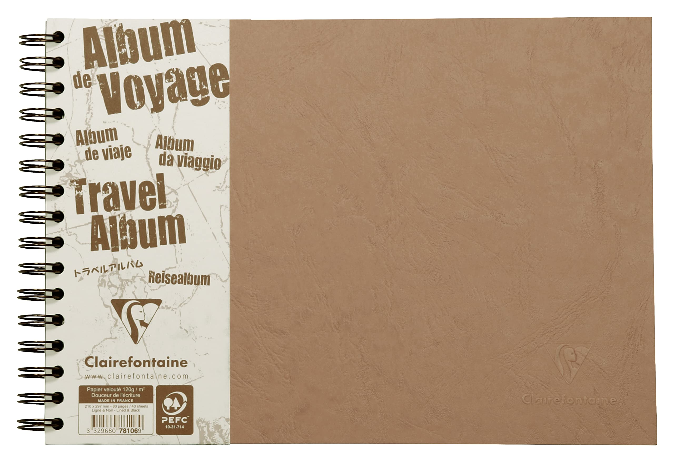 Clairefontaine 78106C Collection Age Bag Tobacco Spiral Travel Album A4 29,7x21cm - 80 Pages - White 120g Lined + Black Grain Paper 160g - Leather Grain Cover
