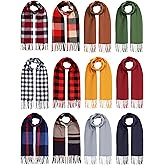 Suhine 12 Pcs Women Men's Scarf Bulk Winter Warm Shawls and Wraps Soft Large Solid Color Plaid Scarf and Wraps Tassel Edge 13.7 x 78.7 Inch