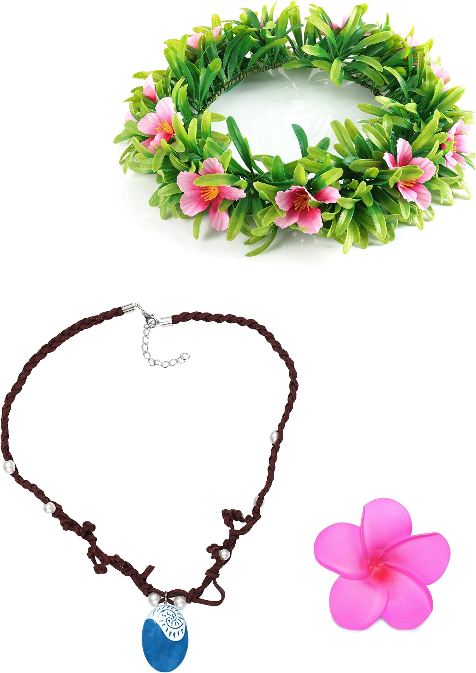 Muababy Girls Moana Necklace with Hawaii Flowers Garland (Necklace with Headband for Adult)