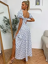 Women's Summer Puff Sleeve Floral Print Split Maxi