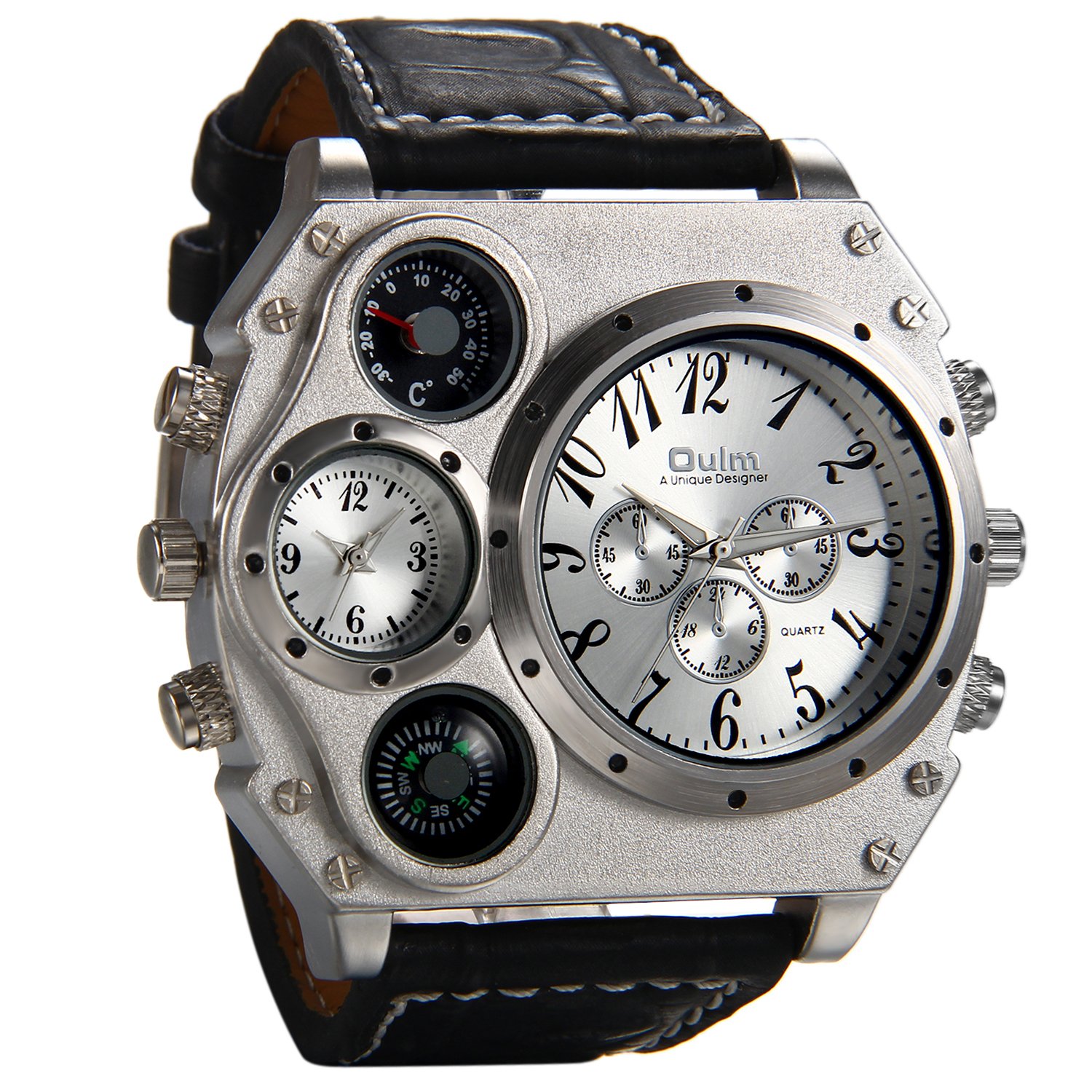 Photo 1 of *CRACKED SCREEN* Avaner Mens Big Face Watch, Dual Time Zone Leather Strap Sport Watch, Analog Quartz Wrist Watch with Decorative Compass Thermometer Dial