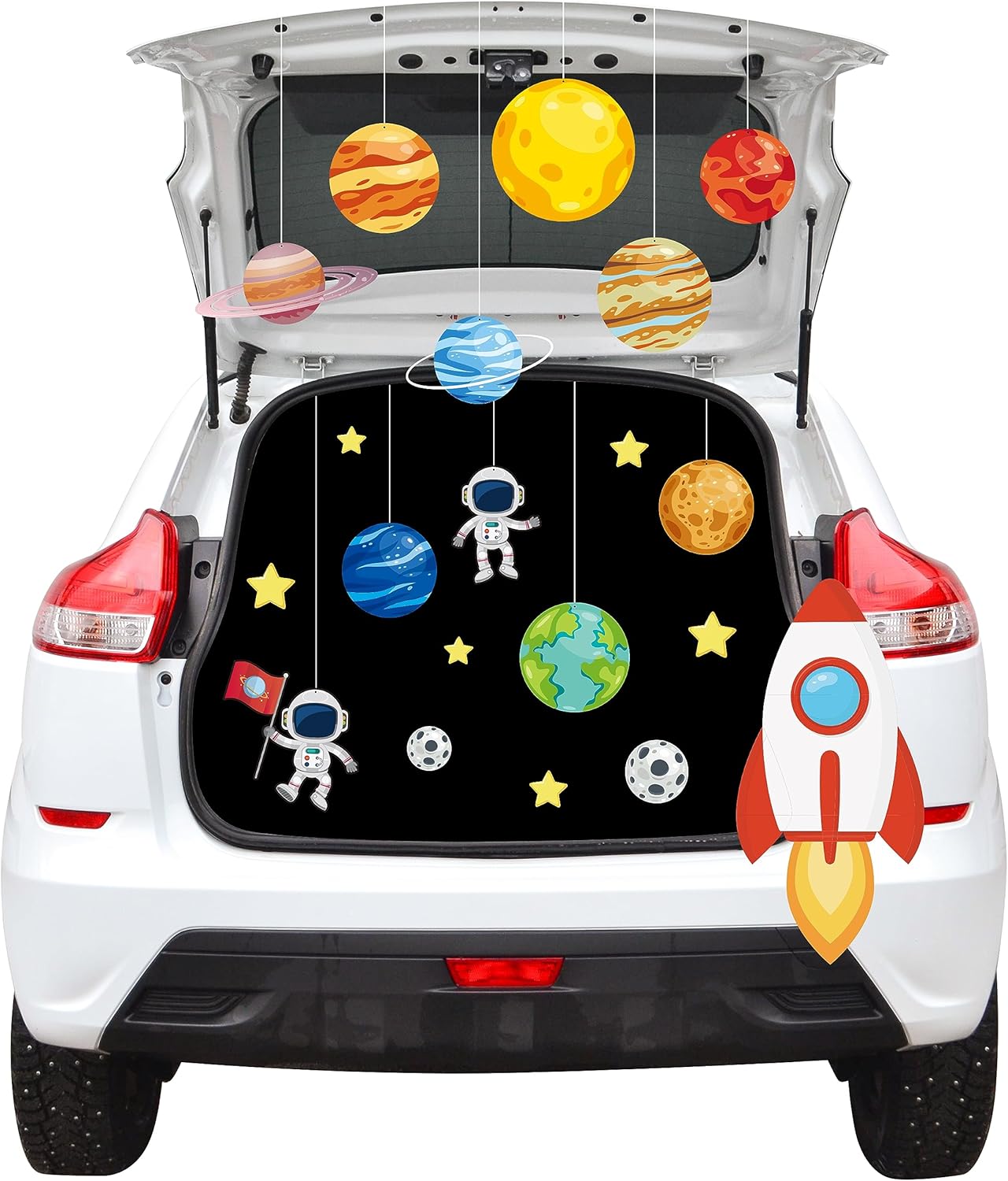 Garage Door Decorations - WATINC 30Pcs Halloween Outer Space Trunk or Treat Outdoor Decoration Kit, Solar System Universe Party Favors Decor, Rockets Planets Astronauts Paper Hanging Decorations for Garage Archway Outdoor