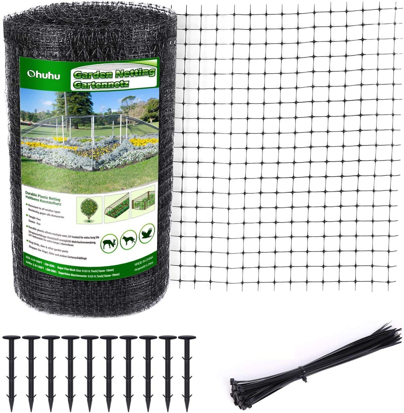 Ohuhu Bird Netting Garden Netting Reusable 2m x 30m, Heavy Duty Large Garden Net Kit Pond Netting for Protecting Vegetables Plants Fruit with 50x Cable Ties and 10 Ground Pegs,16x18mm Mesh, Black