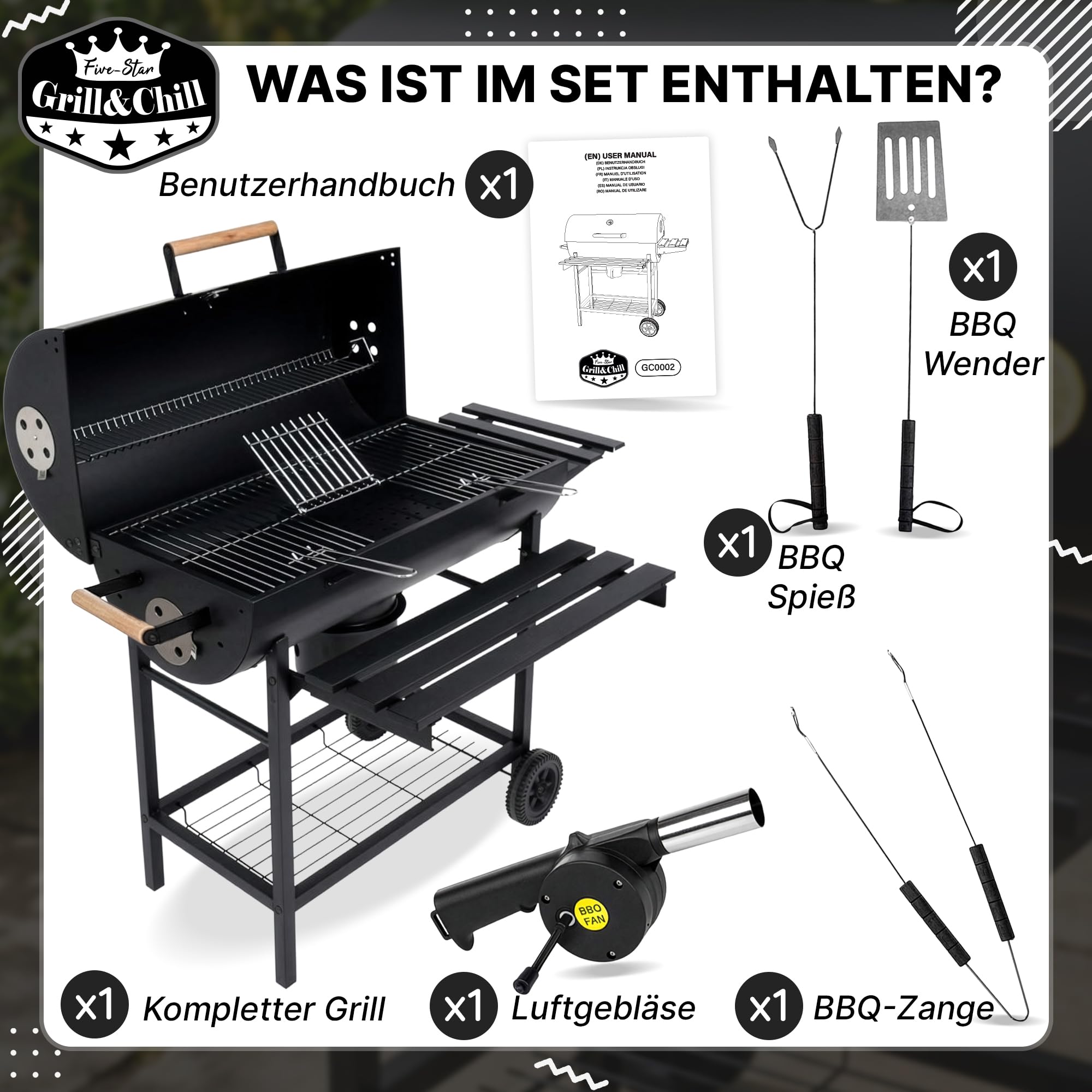 Five-Star Grill&Chill Holzkohlegrill mit Deckel – Großer Grillwagen mit Chromrost 71×35 cm & Thermometer – Für Garten & Terrasse – Aschekasten, Lüftungsöffnungen, 2 Räder 3