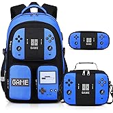 Jafeton Gamer Backpack for Boys, 3PCS Boys Backpack with Lunch Box & Pencil Pouch, Waterproof School Bags for Boy Kids Children Teens, Elementary Middle School, Kids Book Bag Casual Daypack (Blue)