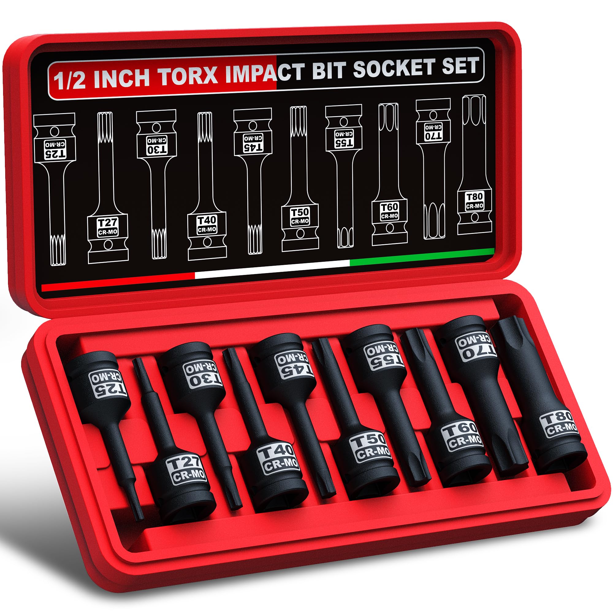 KIRXST 1/2 Inch Impact Torx Bit Socket Set，T25-T80 Star Bit Socket Set 10 Piece for Mechanical Repair