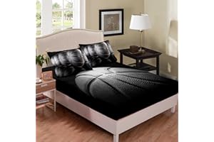 Tailor Shop Basketball Fitted Sheet for Boys Kids Teens Soft Microfiber Black and Gray Sports Theme Basketball Full Size Fitted Sheet with 1 Fitted Sheet and 2 Pillowcases……