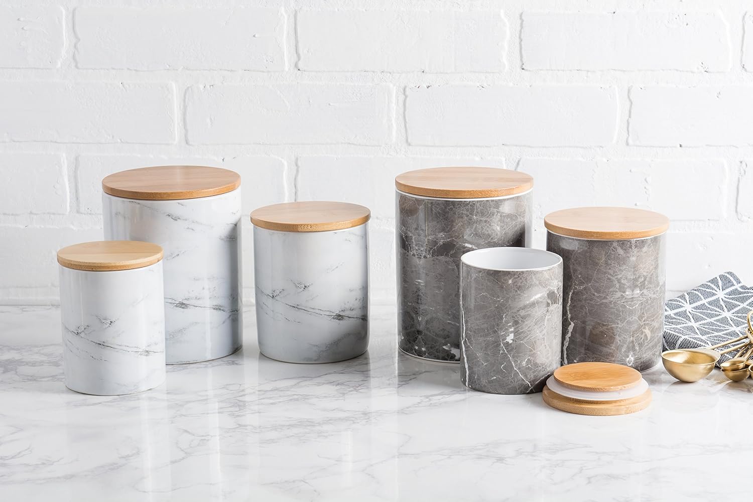 DII CAMZ38970 3-Piece Modern Ceramic Kitchen Canister with Airtight Bamboo Lid for Food Storage, (Assorted Sizes: 4.5x4.5x5.5, 4x4x4.5”, 3x3x4”), White Marble: Home & Kitchen