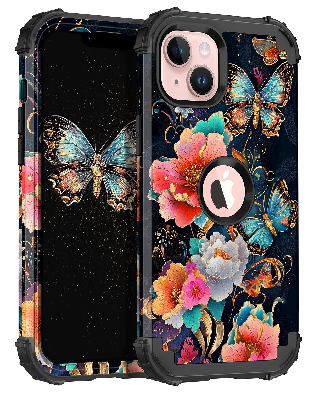 Hekodonk for iPhone 14 Plus Case,Glow in The Dark Three Layer Heavy Duty Shockproof Protection Hard Plastic+Soft Silicone Full Body Drop Protective Case for Apple iPhone 14 Plus 6.7 inch,Black/Gold