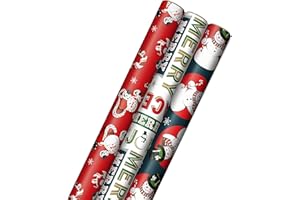 Hallmark Vintage Christmas Wrapping Paper Cut Lines on Reverse (3 Rolls: 120 sq. ft. ttl) Dancing Santas, Classic Snowman, "Merry, Jolly, Happy, Peace"