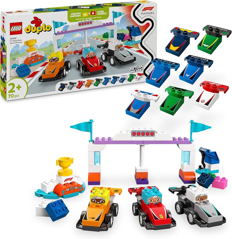 LEGO DUPLO Town F1 Team Race Cars & Drivers 10 Cars Crane Lights Podium 2+