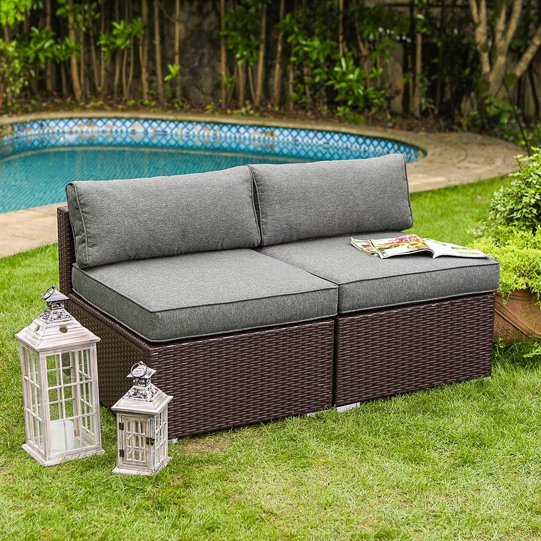 Amazon Com Cosiest 2 Piece Outdoor Furniture Add On Armless Chairs For Expanding Chocolate Brown Wicker Sectional Sofa Set W Dark Grey Thick Cushions For Garden Pool Backyard Garden Outdoor