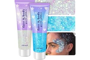 LINWULTE Body Glitter Gel, 2 Jars Holographic Chunky Glitter Makeup for Body, Hair, Face, Nail, Lip, Eyeshadow, Total 120ML Long Lasting Iridescent Chunky Glitter for Concert Festival Rave (White & Blue)