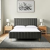 Livinia Full Size Elton Velvet Platform Bed, Upholstered Bed Frame with Vertical Channel Tufted Headboard Footboard, Strong Wood Slats, No Box Spring Needed, Gray (Full)