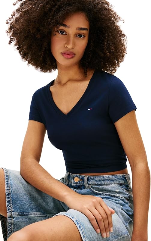 Damen 3er Pack T-Shirts Kurzarm V-Neck aus Baumwolle, Mehrfarbig (Black/Ecru/Dark Night Navy), M