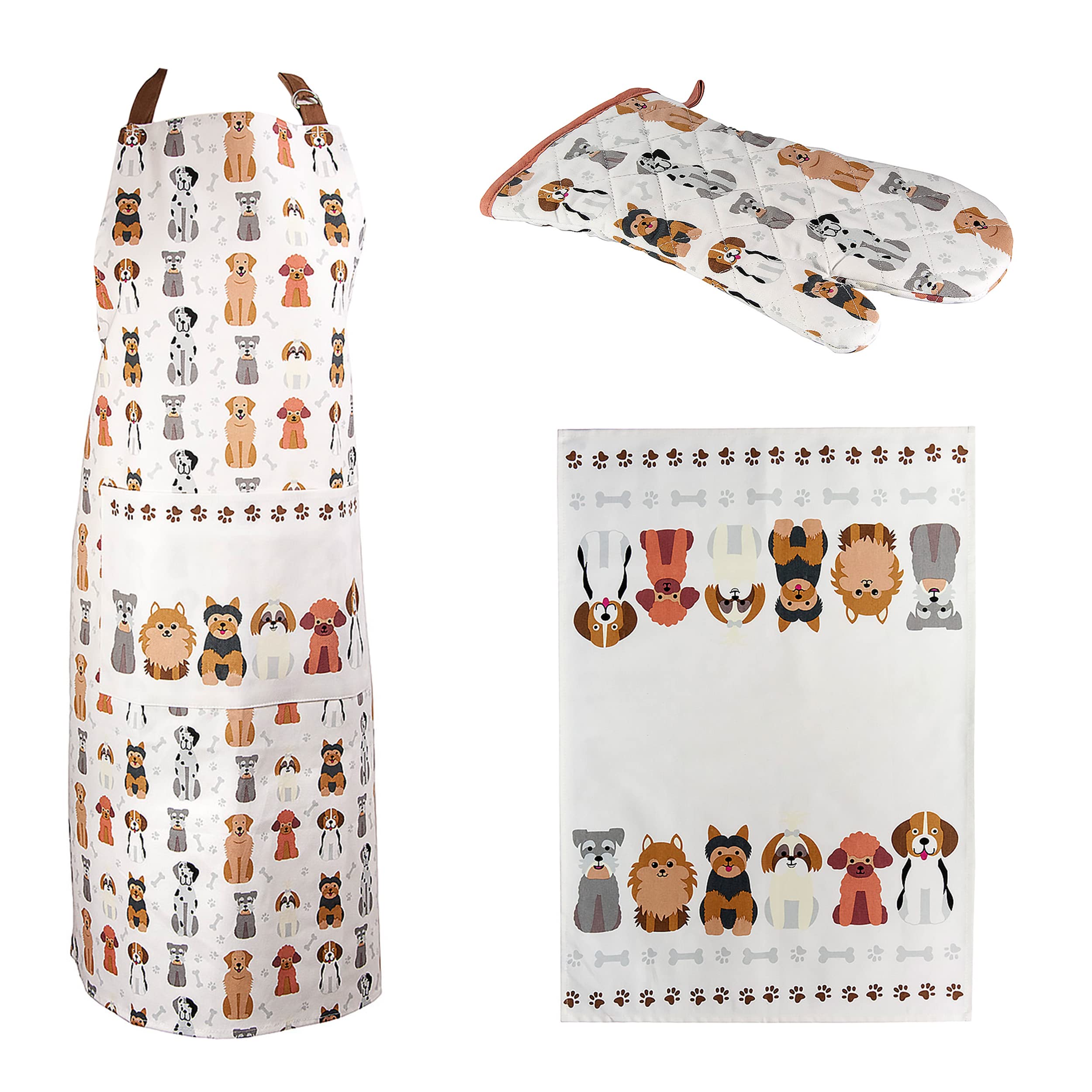 SPOTTED DOG GIFT COMPANY 3 Piece Kitchen Textiles Set - Dog Apron, Oven Glove & Tea Towel, 100% Cotton, Cute Animal Themed Kitchen Accessories for Cooking & Baking, Gifts for Dog Lovers